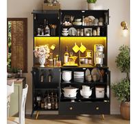 Tall Kitchen Cabinet with Built-In Power Outlets & 2 USB Ports, Modern Sideboard with App-Controlled LED, 120L x 40W x 176H cm, Black Aosom UK