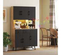 Tall Kitchen Cupboard with LED Lights and Adjustable Shelves, Oak HOMCOM Black One Size