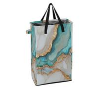 Tall Laundry Bin with Sturdy Handle Slim Laundry Basket Stand up Teen Girl Dirty Clothes Hamper for College Marble White Turquoise