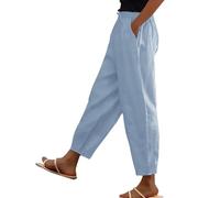 Tall Linen Trousers Womens Solid Color Elasticated Waist Trouser Ladies Summer Lounge Pants Plain Loose Fit Capri Pant Casual Straight Leg Bottoms with Pockets Sky Blue