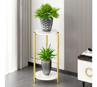 Tall Plant Rack Flower Stand Round 2 Tiers, Corner Small Coffee Table Sofa Side Table with Storage Shelf, Little White Marble Table Golden Metal Frame