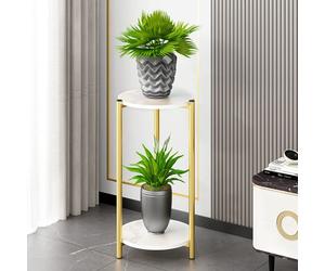 Tall Plant Rack Flower Stand Round 2 Tiers, Corner Small Coffee Table Sofa Side Table with Storage Shelf, Little White Marble Table Golden Metal Frame
