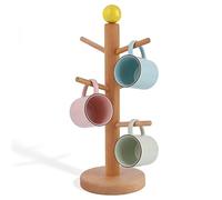 Tall Solid Beech Wood Mug Tree with 6 Hooks, 29cm Height Coffee Cup Holder with Yellow Ball Finial, Round Base Mug Rack for Kitchen Counter, Adhesive Branch Assembly, Space-Saving Coffee Bar Organizer