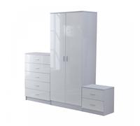 HOMCOM High Gloss 3 Piece Bedroom Furniture Set Wardrobe Drawers Chest Bedside, White