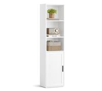 Tall Wooden Bookcase with Door for Living Room and Home Office, Textured White / 31.8 x 24 x 145.9 cm (L x W x H)