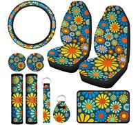 Tallew 10 Pcs Hippie Flower Car Seat Covers Full Set Universal Car Accessories Colorful Art Floral Seat Cover Steering Wheel Cover Armrest Pad Cover Seat Belt Pads for Women Men Car Truck Auto
