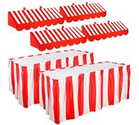 Tallew 6 Pcs 3D Circus Awning Wall Decorations and Stripe Table Skirts Cardboard Awning Tent Decors for Doors Window Classroom Concession Room Carnival Circus Party Decorations (Red and White)