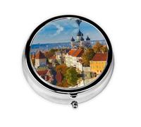 Tallinn Estonia City Print Mini Metal Pill Box 2.0x2.0x0.7 in Round Travel Medicine Pill Organizer Box for Purse Pocket
