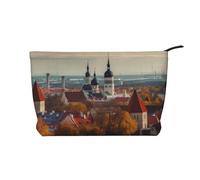Tallinn Estonia Cityscape Corduroy Makeup Bag Travel Organizer Bag Cosmetic Bag Large Wide-Open Pouch