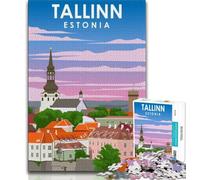 Tallinn Estonia Travel Art 1000 Piece Jigsaw Puzzles for Teenagers,Stress Reliever Staycation Kill Time with Matching Poster And Trivia Sheet 38x26cm
