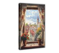 Tallinn Medieval Skyline Rustic Window Art Print Canvas Poster Wall Art Print Picture Paintings 20x30inch(50x75cm)