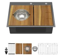 Talllor 28 Inch Drop In Wokstation Kitchen Sink - Multifunctional Topmount Gunmetal Black NANO-PVD 16 Gauge Stainless Steel Single Bowl Over Counter Large Sink with Luxury Accessories #TLT-0059