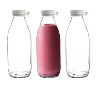 Argon Tableware Vintage Glass Serving Bottle 1 Litre with Silicone Lid - Clear Rustic Style Milk Bottle for Water, Juice, Smoothies, Cocktails, Lemonade - Reusable Farmhouse Jug or Vase