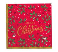 Tallon 16 Paper Napkins - Red Festive Design with Holly, Robins & Gold Border - Disposable Tableware for Christmas Parties & Seasonal Celebrations