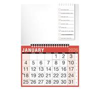 2026 Wall Calendar Easy View Month to View Red - Dry Wipe Whiteboard Notes To-Do List Pad - Wirebound 265x185mm Hanging Calendar 2026 UK - Home Office Students Family
