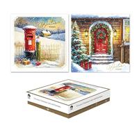 Tallon Box of 12 Luxury Christmas Cards - Square Postbox & Door Designs with Envelopes - Festive Seasonal Greeting Card Set