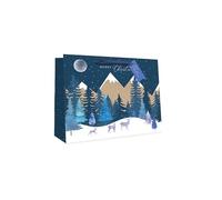Tallon Christmas Moonlit Woodland Medium Gift Bag - Festive Design with Snowy Trees, Mountains, Deer, Ribbon Handle & Tag