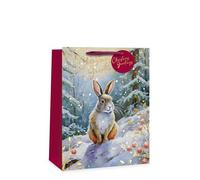 Tallon Christmas Rabbit in Snowy Forest Large Gift Bag - Festive Design with Red Side Panels, Ribbon Handle & Tag - Seasonal Gift Packaging