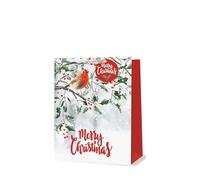 Tallon Christmas Robin on Holly Branch Large Gift Bag - Festive Design with Snowy Background, Red Side Panels, Ribbon Handle & Tag