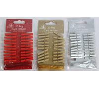 Tallon International Pack of 20 Wooden Peg Christmas Card Holders With Metallic String Festive Colours Card Decoration