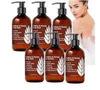 Tallow & Honey Body Wash for Women, Natural Moisturizing Body Cleanser with Organic Tallow & Raw Honey, Hydrating Gentle Shower Gel for Dry or Sensitive Skin, Soothing Mahogany Teakwood Scent (6pcs)
