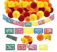 TALOEYH - 118 Pcs Day of The Dead Decorations Set, 18 Mexican Party Banners Papel Picado, 50 Marigold Flowers with Stems, 50 Flower Poles, DIY Garland Craft Supplies for Mexican Themed Party Decor