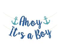 Talorine Ahoy It's a Boy Banner, Sailor Themed Party Decor, Baby Shower Gender Reveal, Nautical Party Decorations (Blue Glitter)