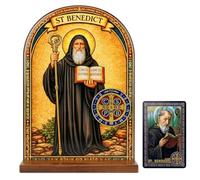 TALPGOD St Benedict Medals Stand Catholic Ornament Statue - Saint Benedict Statue Acrylic Tabletop Décor for Home Altar & Desk, Christian Gift for Women & Men