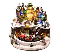 Taman Christmas Village Houses - Collectible Buildings with Moving Train, Family & Snowman, Warm Light Musical Ornaments for Christmas Holiday Decorations