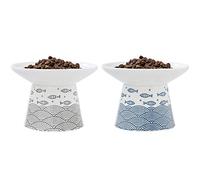 TAMAYKIM 6.25 Inch Extra Wide Raised Ceramic Cat Bowls, Food & Water Bowls for Elder Big Cats and Small Dogs, Elevated Heavy Sturdy Base Pet Feeder Dish, Stress Free, Protect Cat's Spine, Blue & Black