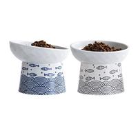 TAMAYKIM Tilted Ceramic Elevated Cat Bowls, Food and Water Raised Bowl Set for Kitty Cats and Small Dogs, Porcelain Stress Free Feeding Pet Bowl Dish, Black & Blue , Set of 2