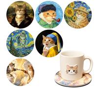 TamBee 6pcs Cute Cat Coasters Set, Famous Paintings Retro Meme cat coaster for Drinks Van Gogh Art Ceramic Coasters, Suitable for Drinks, Tea, Coffee, Home and Dining Decor (Meme Cat)