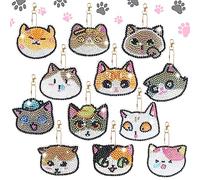 TamBee Diamond Art Painting Keyrings Keychin Kits 12 Pack Cat Diamond Painting Keyrings Pendants 5D DIY Full Drill Painting Key Rings Chains Making Kits for Kids Adult