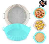 TamBee Silicone Air Fryer Liners Reusable Air Fryer Silicone Basket Pot 8 inch Airfryer Silicone Liners Baking Tray Air Fryer Mats Non-Stick Heat Resistant Baking Roasting Oven (Blue + Gray)