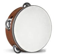 Tambourine Hand Held Drum with Metal Bell Round Musical Instrument for Music Classroom Dance Party Church Game Props(4in-Brown Single Row Ringtone)