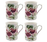 Tamersgifts Fine China Floral Mugs, Set of 4, 300ml Capacity, 10cm Height, Traditional Design, Dishwasher Safe (4X Fuchsia Coffee Mugs)
