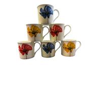 Tamersgifts Set of 6 Rose Fine Bone China Mugs - 350ml Floral Tea/Coffee Cups in Yellow, Red & Blue,