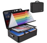 Tamfile Fireproof Document Box, 15''×11.2''×4.3'' Waterproof Document Bag with Lock and 8 Pockets Colorful Inside Accordion Folder Document Organiser, Portable File Storage Box with Labels, Black