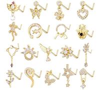 TAMHOO 18Pcs 18G Nose Rings L Shape Nose Ring Stud for Women-Butterfly Nose Ring - Heart Nose Ring- Gold Nose Studs for Women, Stainless Steel Cubic Zirconia, cubic zirconia