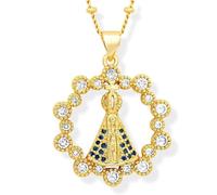 TAMHOPE Medal Virgen De La Caridad Del Cobre Amulet Necklace,Miraculous Medallion Virgin Mary Rhinestone Circle Coin Necklace