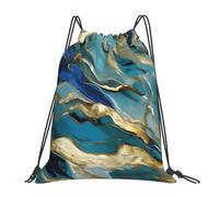 Tamiger Azurite Teal And Foil Gold Oil Marble Pattern Print Lightweight Foldable Drawstring Backpack Outdoor Sports Bag Workout Travel Yoga