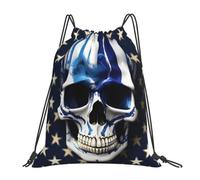 Tamiger Blue Stripe Stars Skull Print Lightweight Foldable Drawstring Backpack Outdoor Sports Bag Workout Travel Yoga
