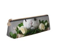 Tamiger Bunny Rosette Print Large Capacity Leather Pencil Case Smooth Zippered Pen Pouch School Travel Makeup