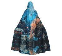 Tamiger Coral Reef Print 185cm Hooded Cloak Halloween Carnival | Cosplay Robe Costume Velvet Cape Masquerade Holiday Celebrations Unisex