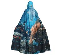 Tamiger Coral Reef Print Hooded Cloak Halloween Cosplay Carnival | 190cm Long Witch Wizard Capes Christmas Renaissance Themed Party Unisex