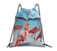 Tamiger Flock Of Pink Flamingos On The Beach Print Lightweight Foldable Drawstring Backpack Outdoor Sports Bag Workout Travel Yoga