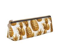 Tamiger Golden Pineapple Background Print Large Capacity Leather Pencil Case Smooth Zippered Pen Pouch School Travel Makeup