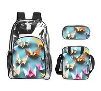 Tamiger Origami Paper Crane Print 3-Piece Transparent Backpack Set For Travel Outdoor Adventures Holiday Clear Bag