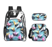 Tamiger Origami Paper Cranes Print 3-Piece Transparent Backpack Set For Travel Outdoor Adventures Holiday Clear Bag