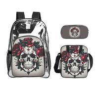 Tamiger Red Rose Skull Print 3-Piece Transparent Backpack Set For Travel Outdoor Adventures Holiday Clear Bag